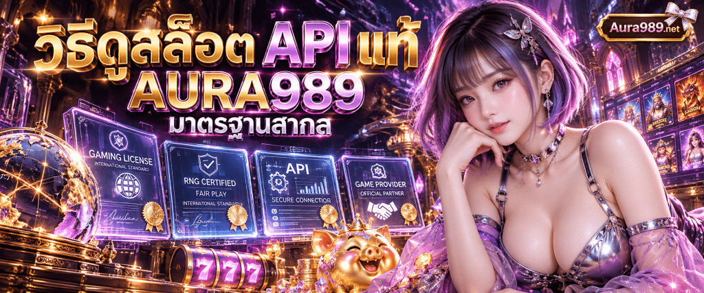 ภาพเอกสารใบรับรองความปลอดภัยและข้อความ วิธีดูสล็อต API แท้ AURA989 มาตรฐานสากล วางคู่กับสัญลักษณ์ตราประทับสีทองของหน่วยงานสากล