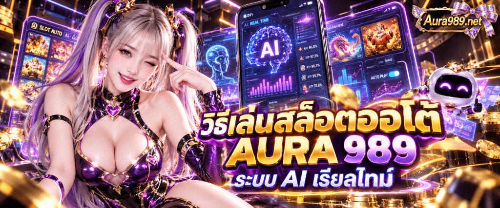 ภาพกราฟิกหน้าจอมือถือแสดงภาพจำลอง วิธีเล่นสล็อตออโต้ AURA 989 ระบบ AI เรียลไทม์ บนพื้นหลังลายเส้นวงจรดิจิทัลและแสงนีออน